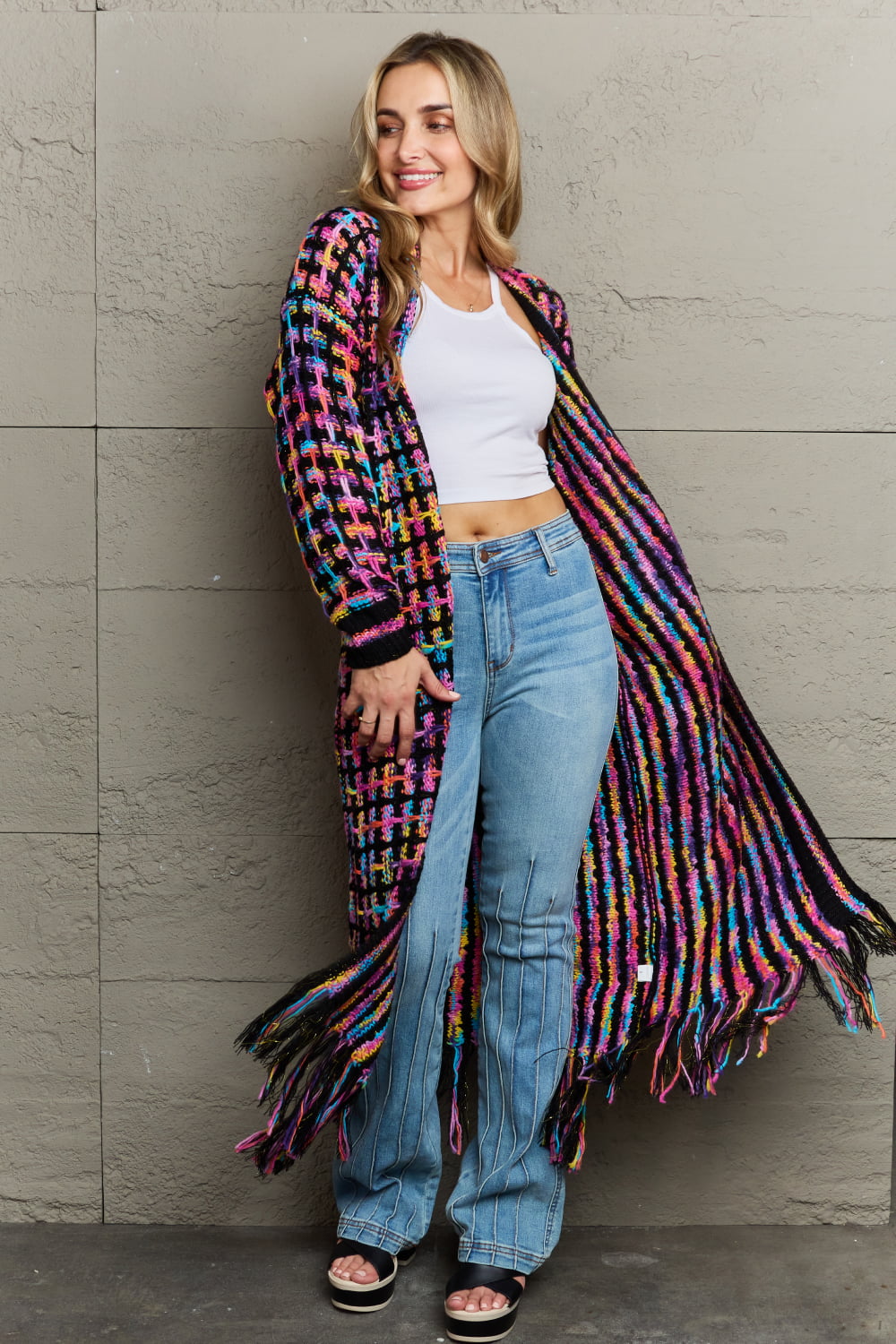 Luna | Gilet ouvert multicolore avec franges