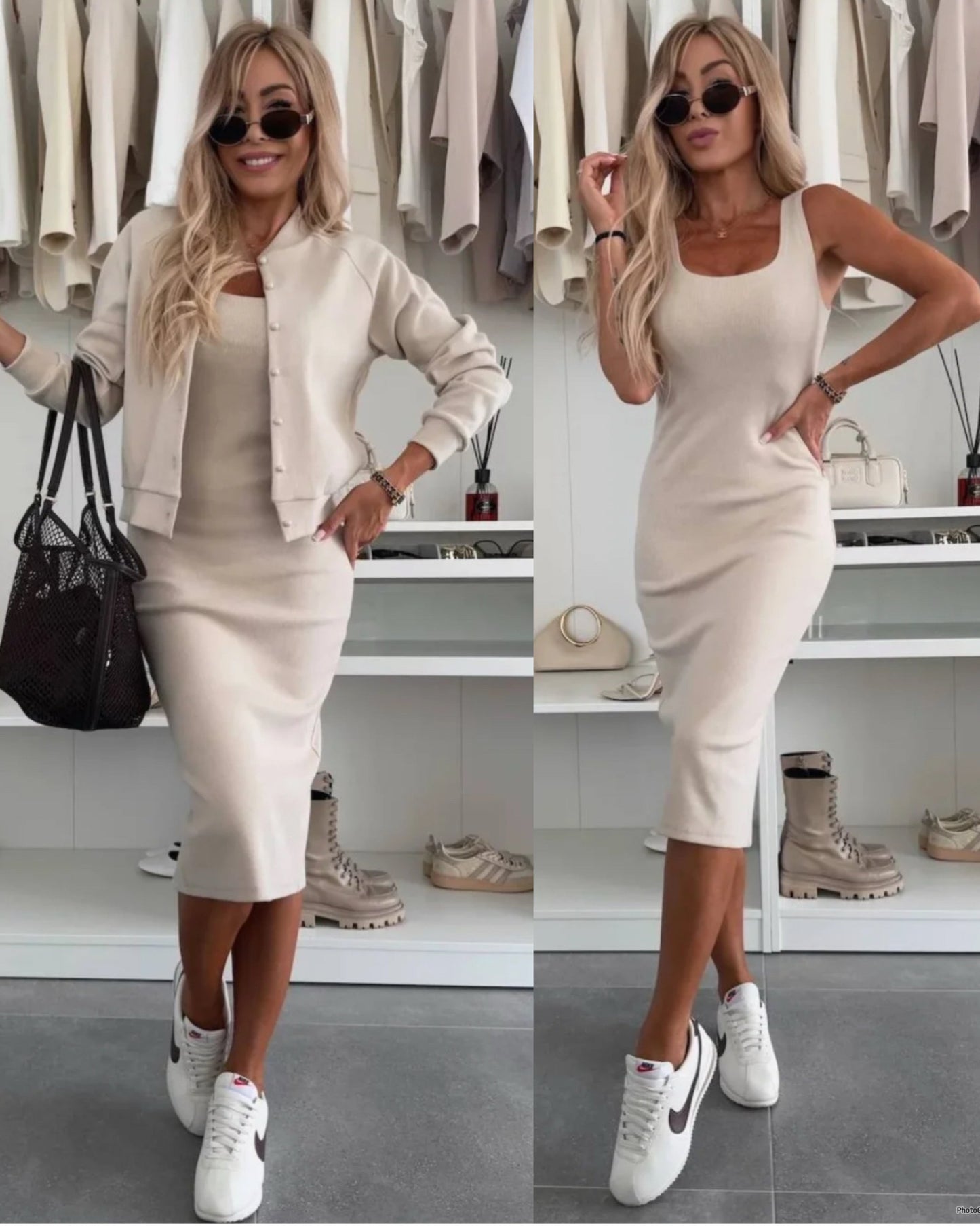 Karin | Robe midi en maille côtelée & ensemble bomber