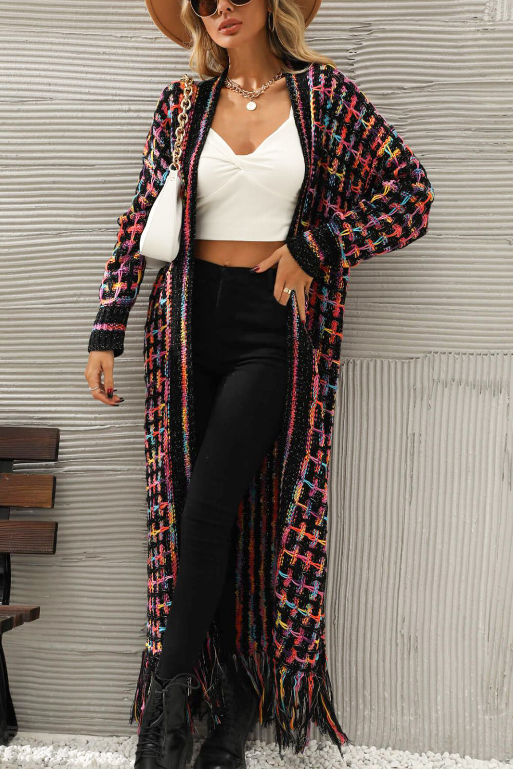 Luna | Gilet ouvert multicolore avec franges