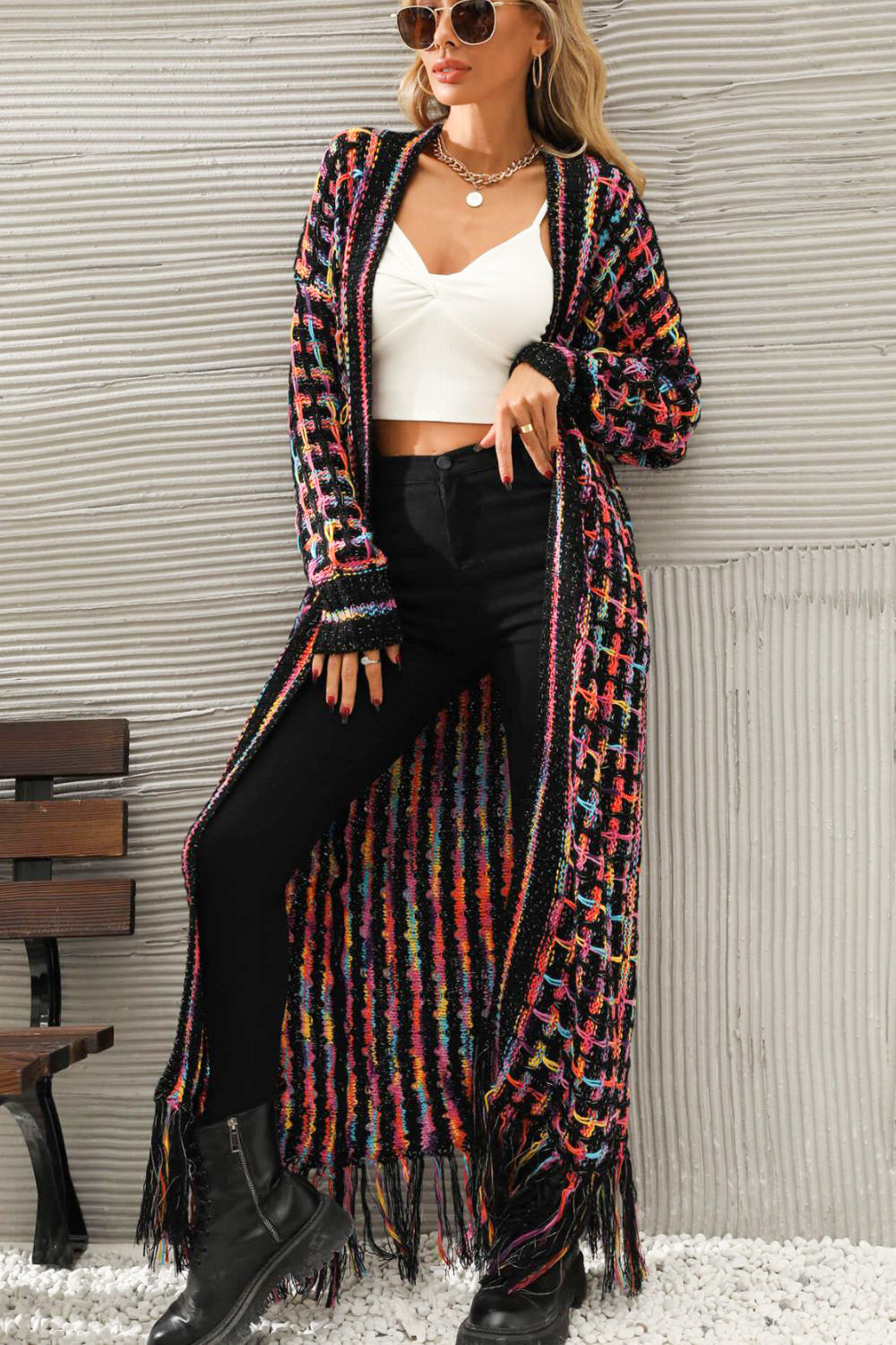 Luna | Gilet ouvert multicolore avec franges