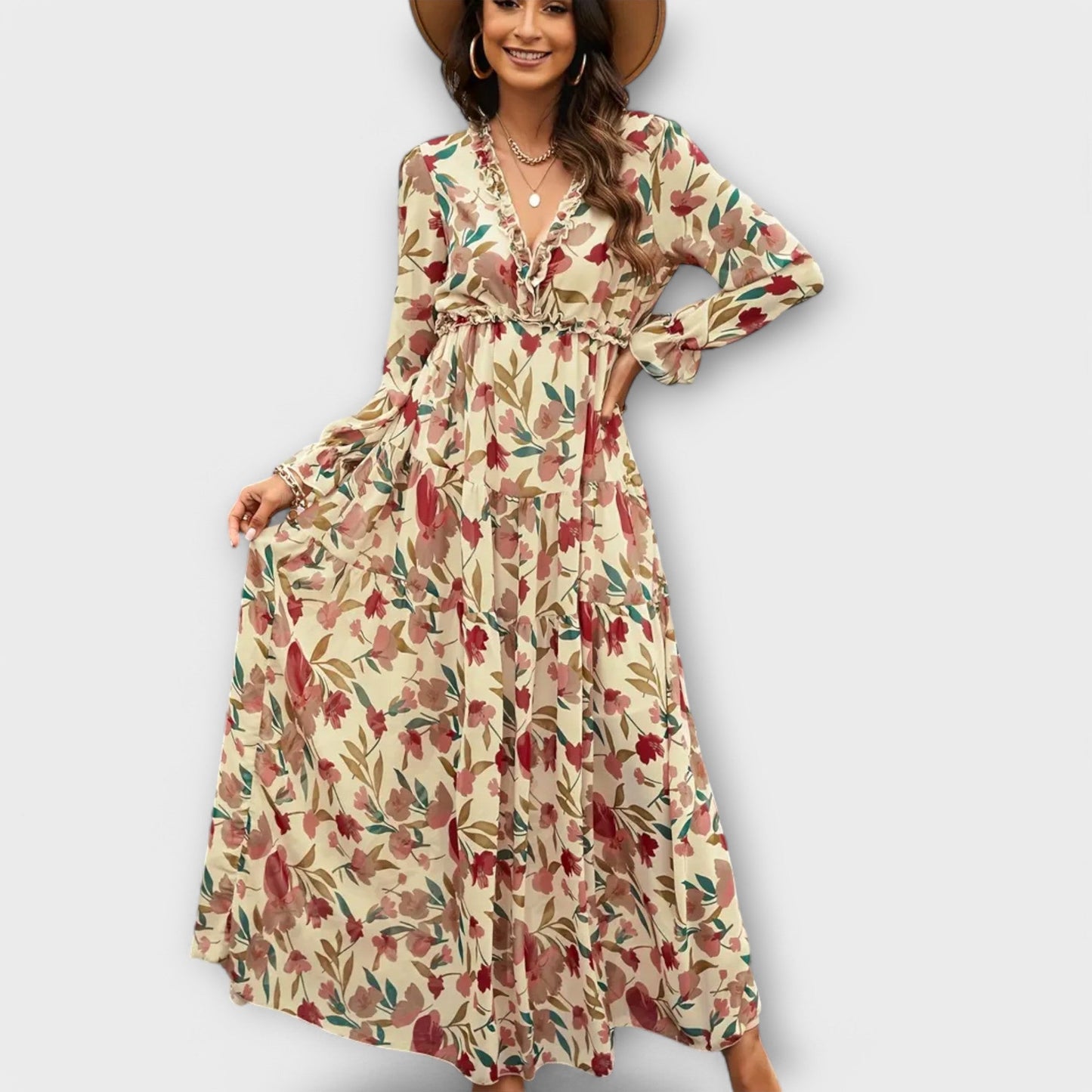 Solène | Robe longue fleurie à manches longues