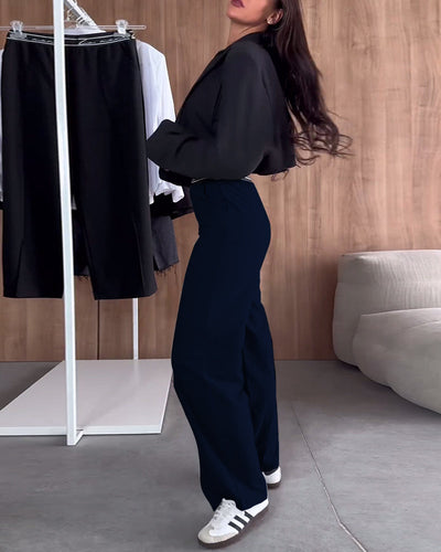 Sarah | Pantalon droit décontracté de couleur unie avec poche zippée