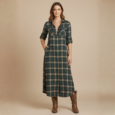 Veloria | Robe longue à carreaux verts avec col à revers et boutonnage simple