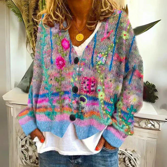 Angie | Veste en tricot chaude pour femmes avec fleurs | Bouton duvet