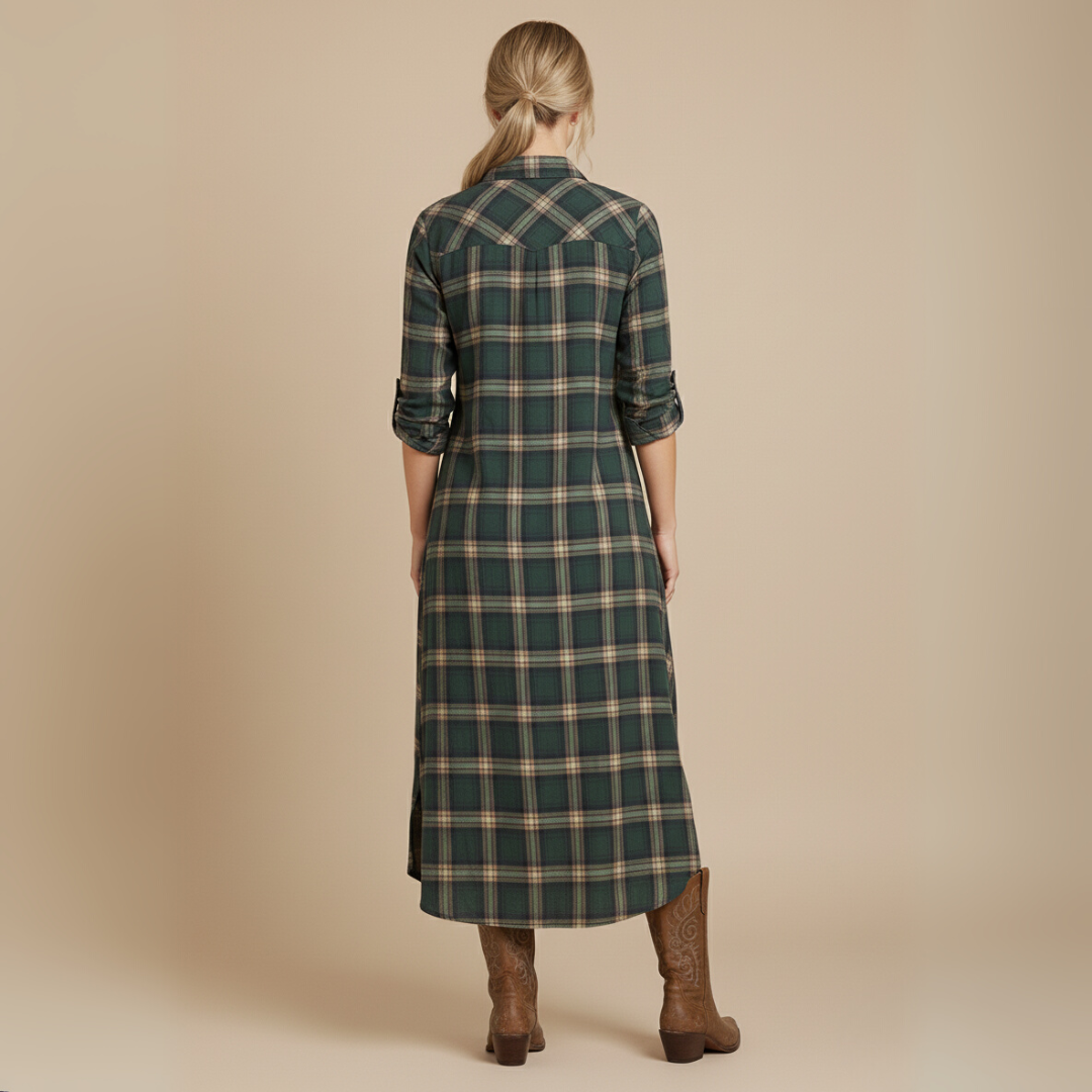 Veloria | Robe longue à carreaux verts avec col à revers et boutonnage simple