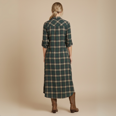 Veloria | Robe longue à carreaux verts avec col à revers et boutonnage simple