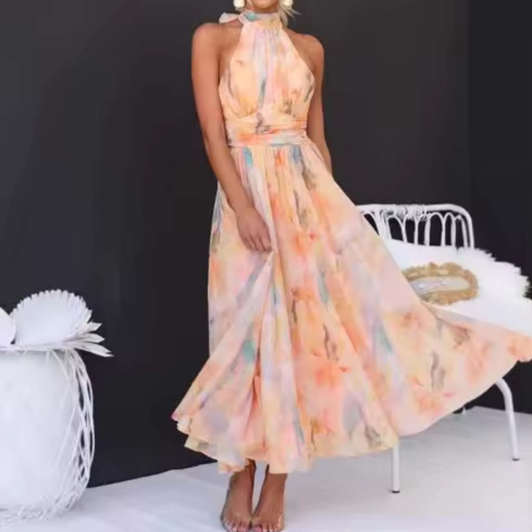 Élise | Robe longue dos nu à imprimé aquarelle