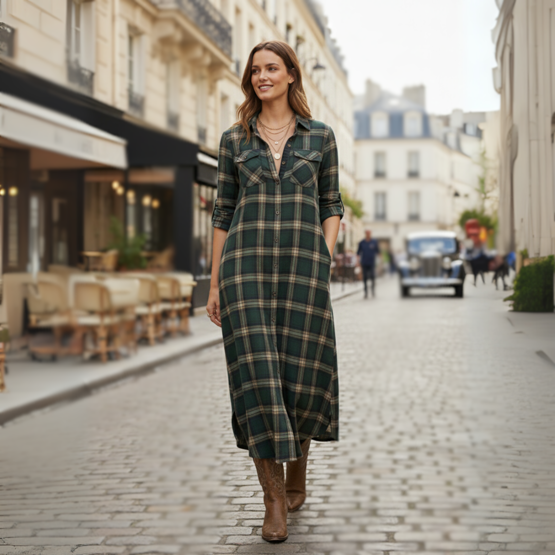 Veloria | Robe longue à carreaux verts avec col à revers et boutonnage simple
