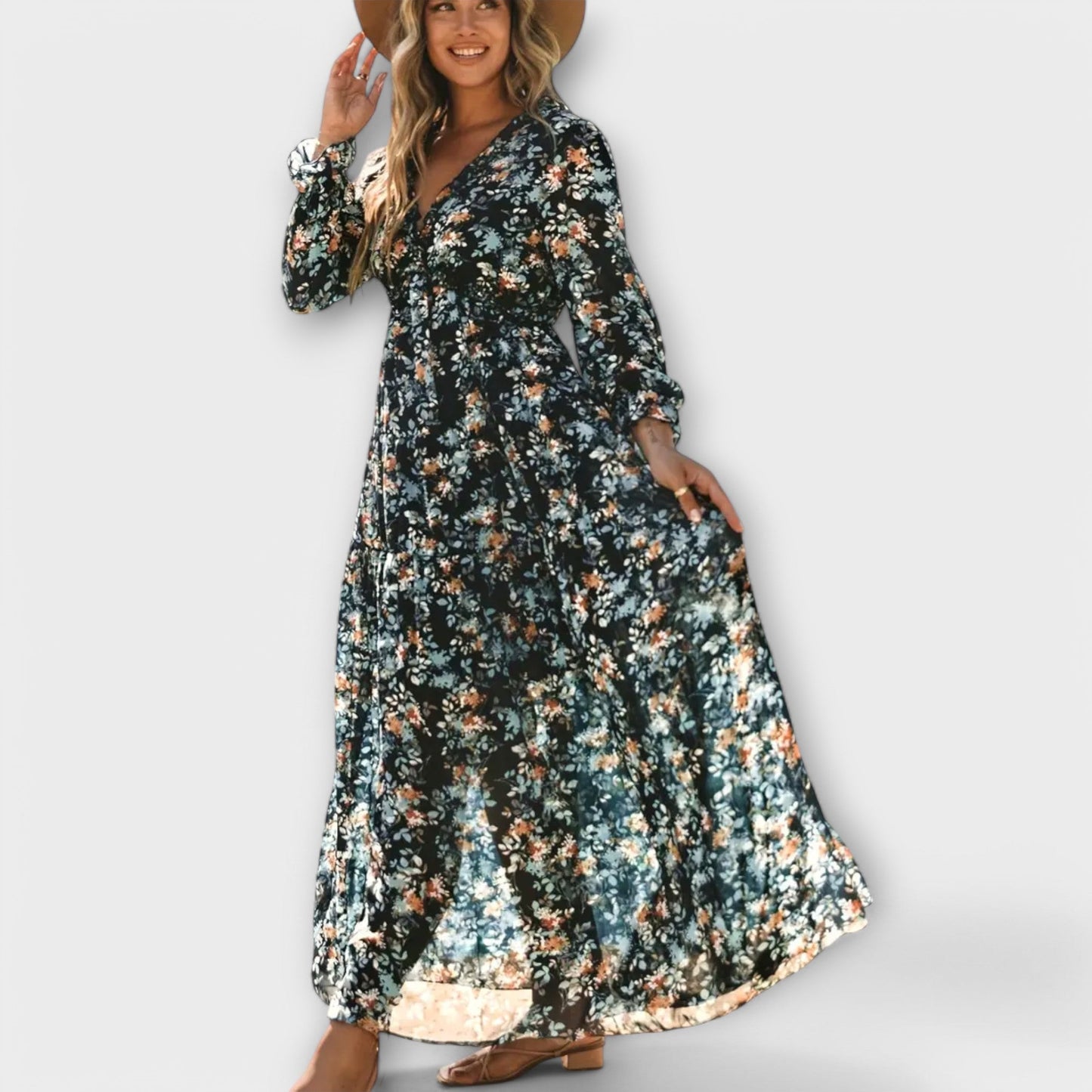 Solène | Robe longue fleurie à manches longues