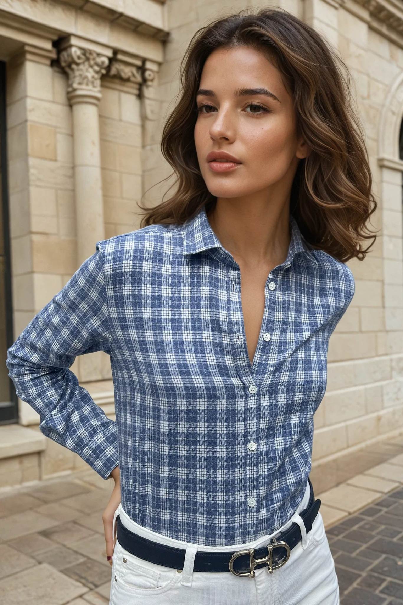 Chemisier Canelle en flanelle de coton - Carreaux ciel