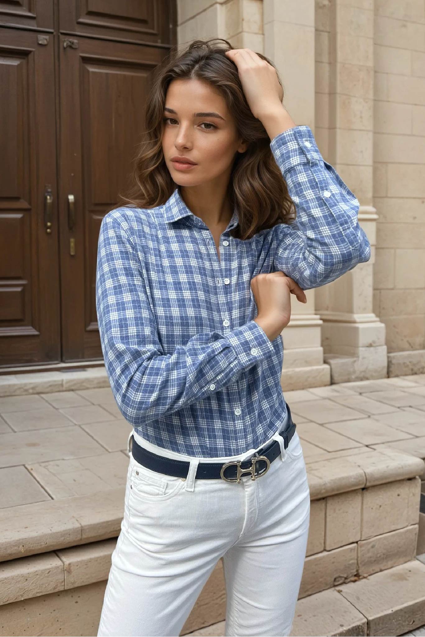 Chemisier Canelle en flanelle de coton - Carreaux ciel