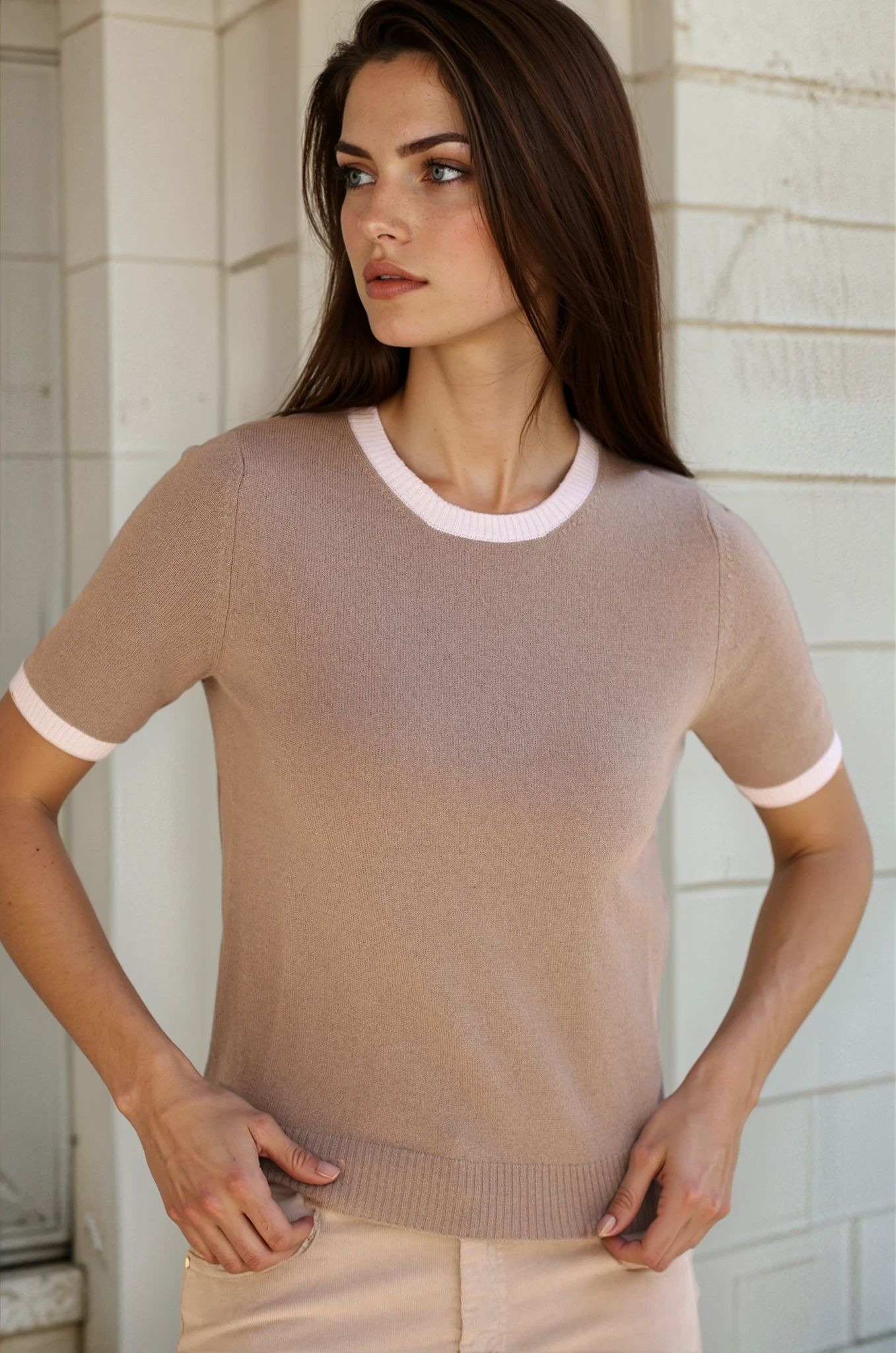 Pull Eve manches courtes en laine et cachemire - Taupe