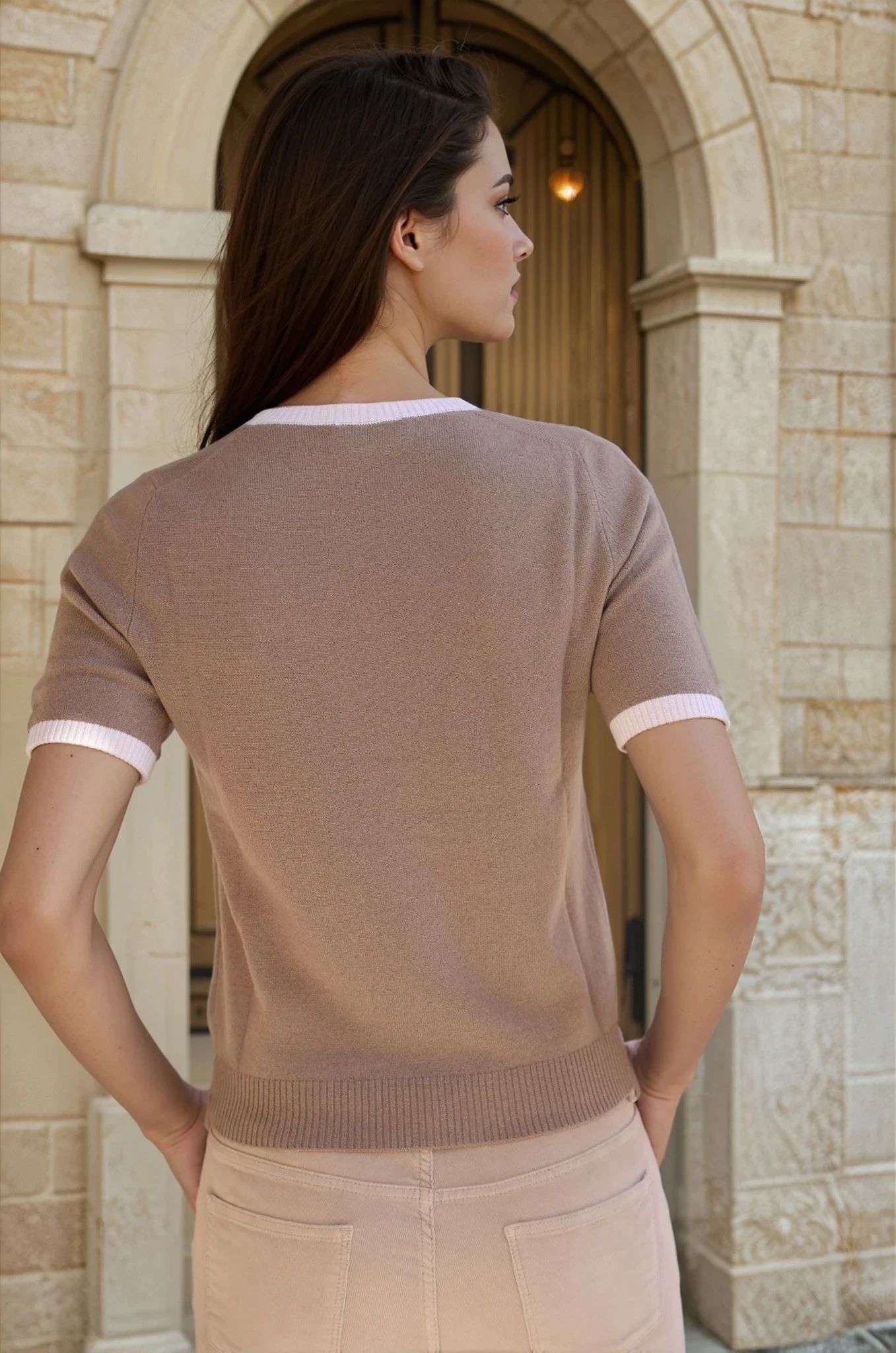 Pull Eve manches courtes en laine et cachemire - Taupe