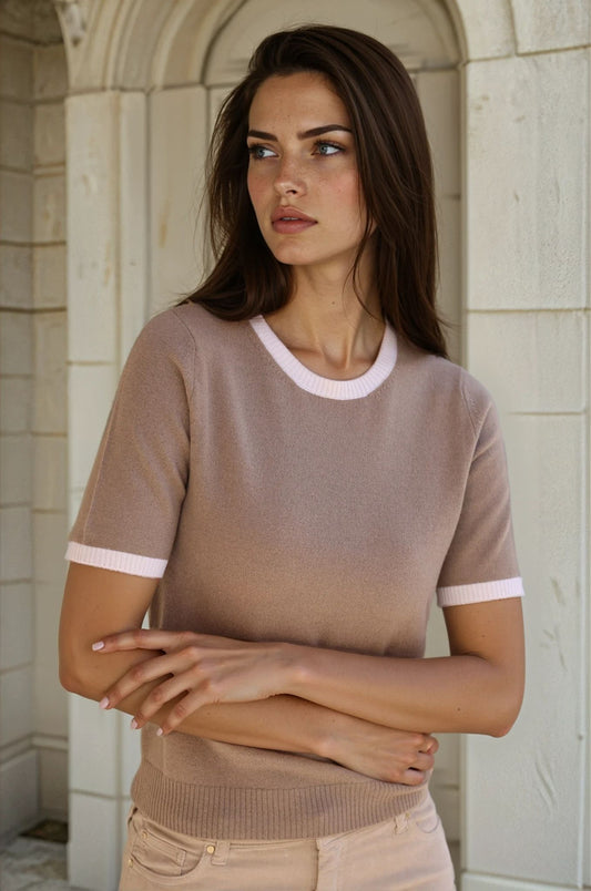 Pull Eve manches courtes en laine et cachemire - Taupe