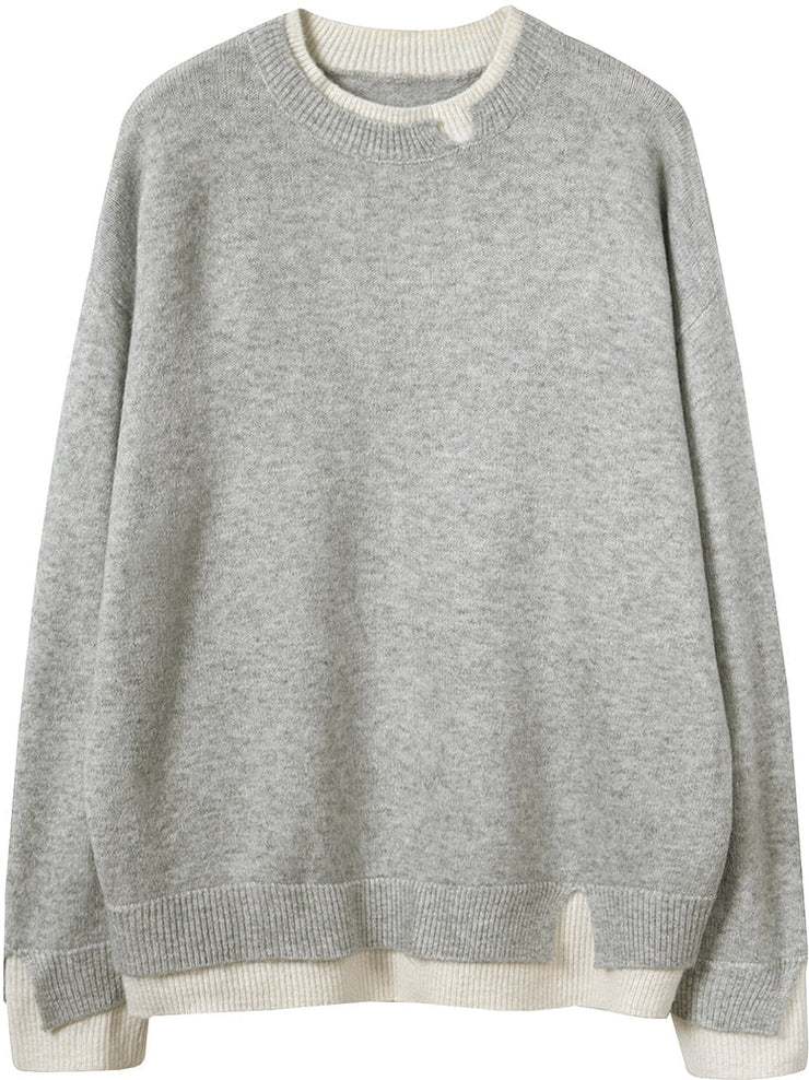 Sophie | Pull Oversize Gris et Blanc à Manches Longues