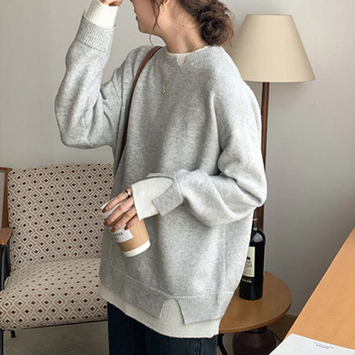Sophie | Pull Oversize Gris et Blanc à Manches Longues