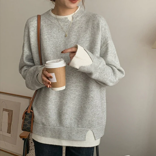 Sophie | Pull Oversize Gris et Blanc à Manches Longues
