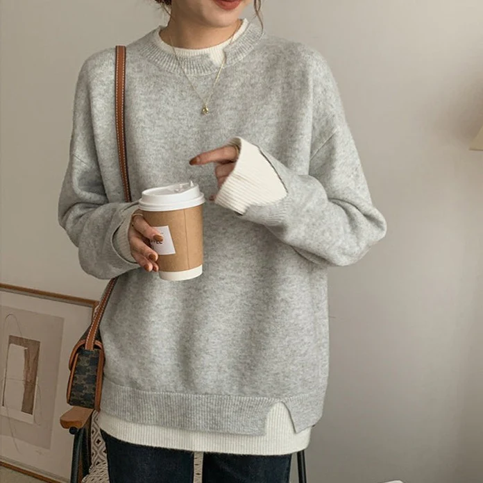 Sophie | Pull Oversize Gris et Blanc à Manches Longues