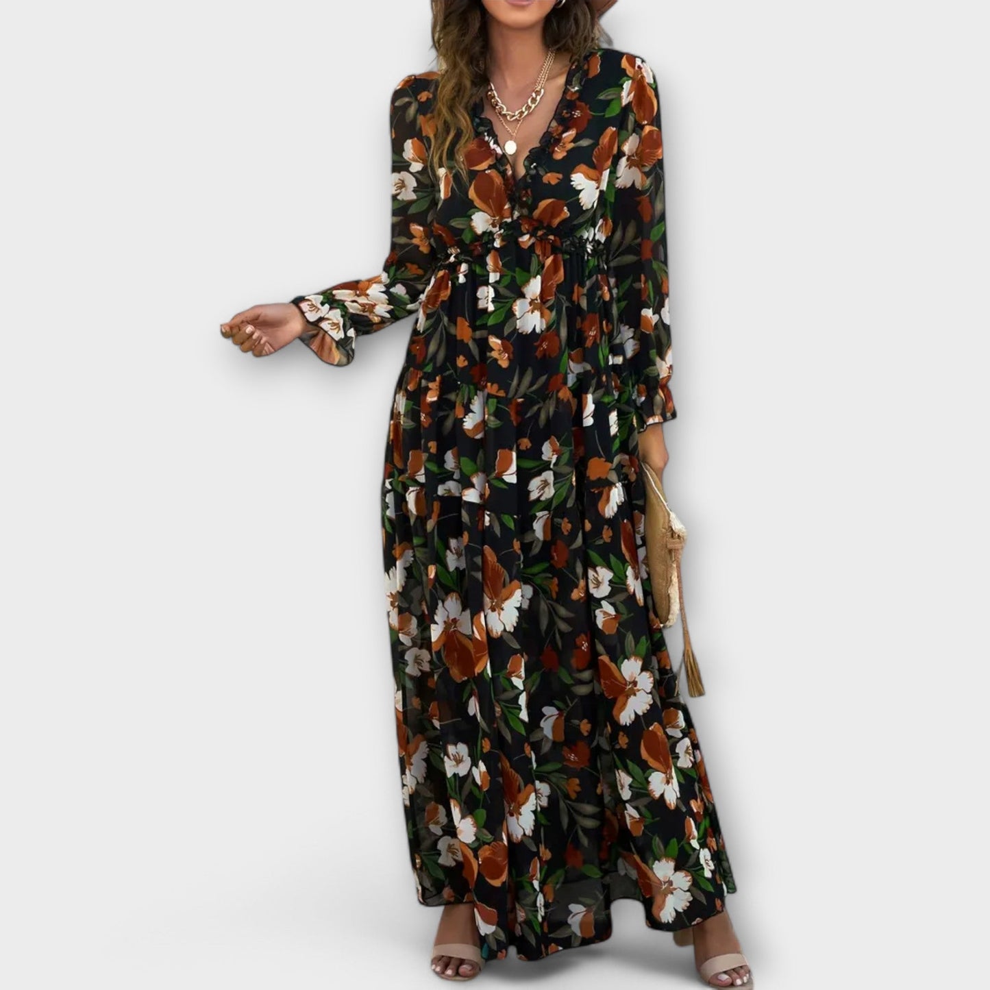 Solène | Robe longue fleurie à manches longues
